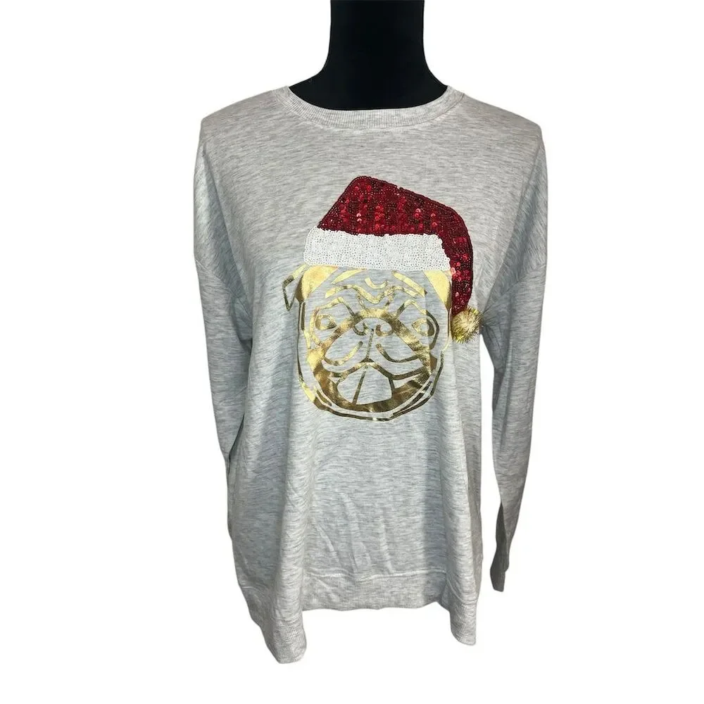 Workshop Republic Women's Gray Sequin Santa Hat‎ Dog Christmas Shirt